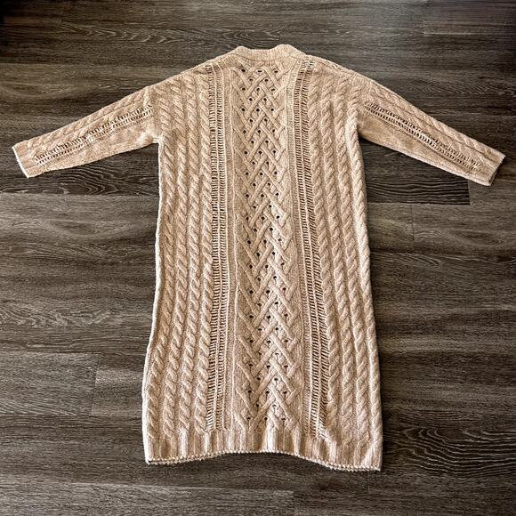 Naadam Wool Cashmere Long Cable Knit Cardigan Duster Open Front Neutral Knitwear - Picture 4 of 12